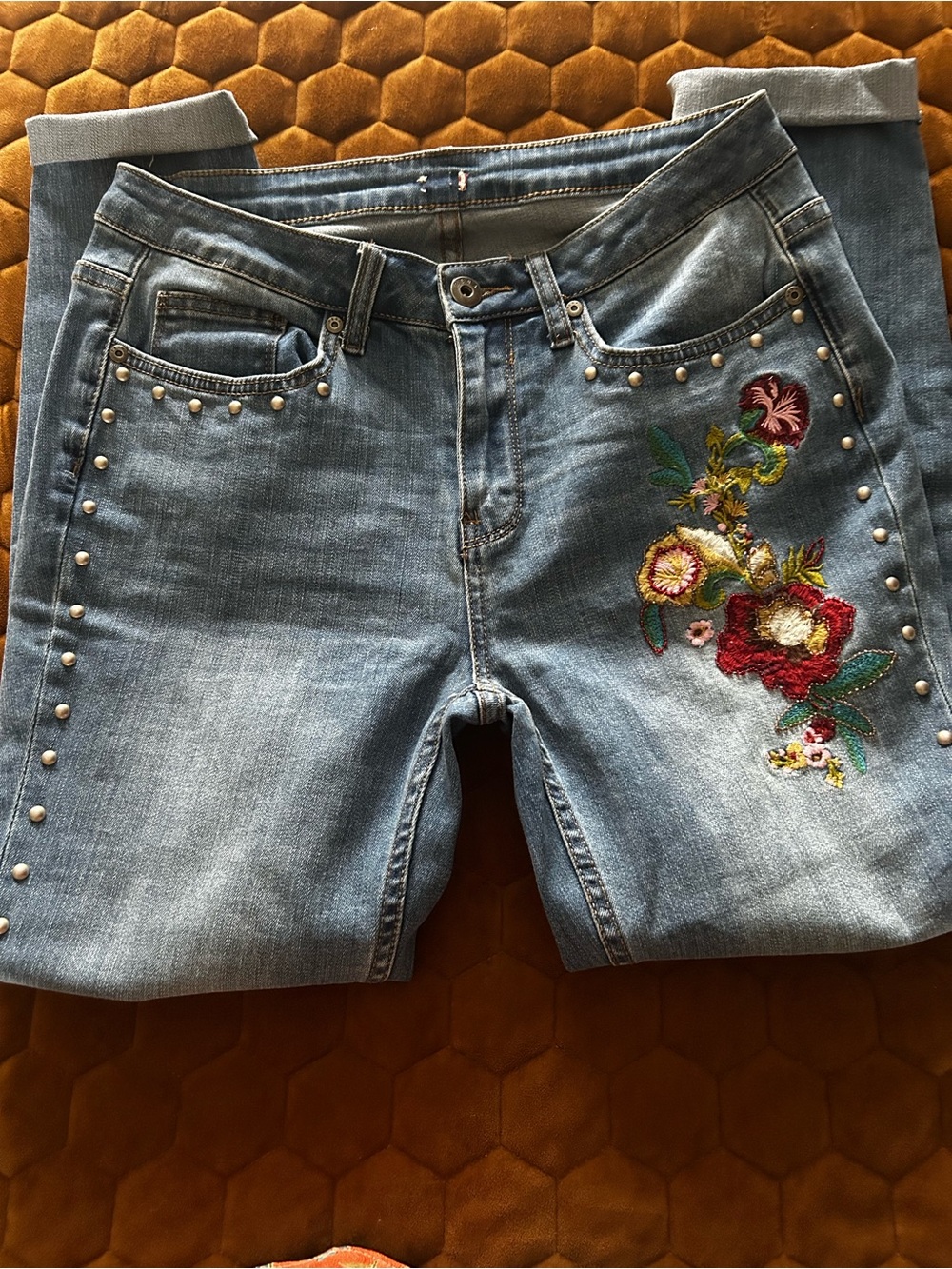 Reba Studded Blue Jeans with Floral Embroidery - Picture 4 of 7